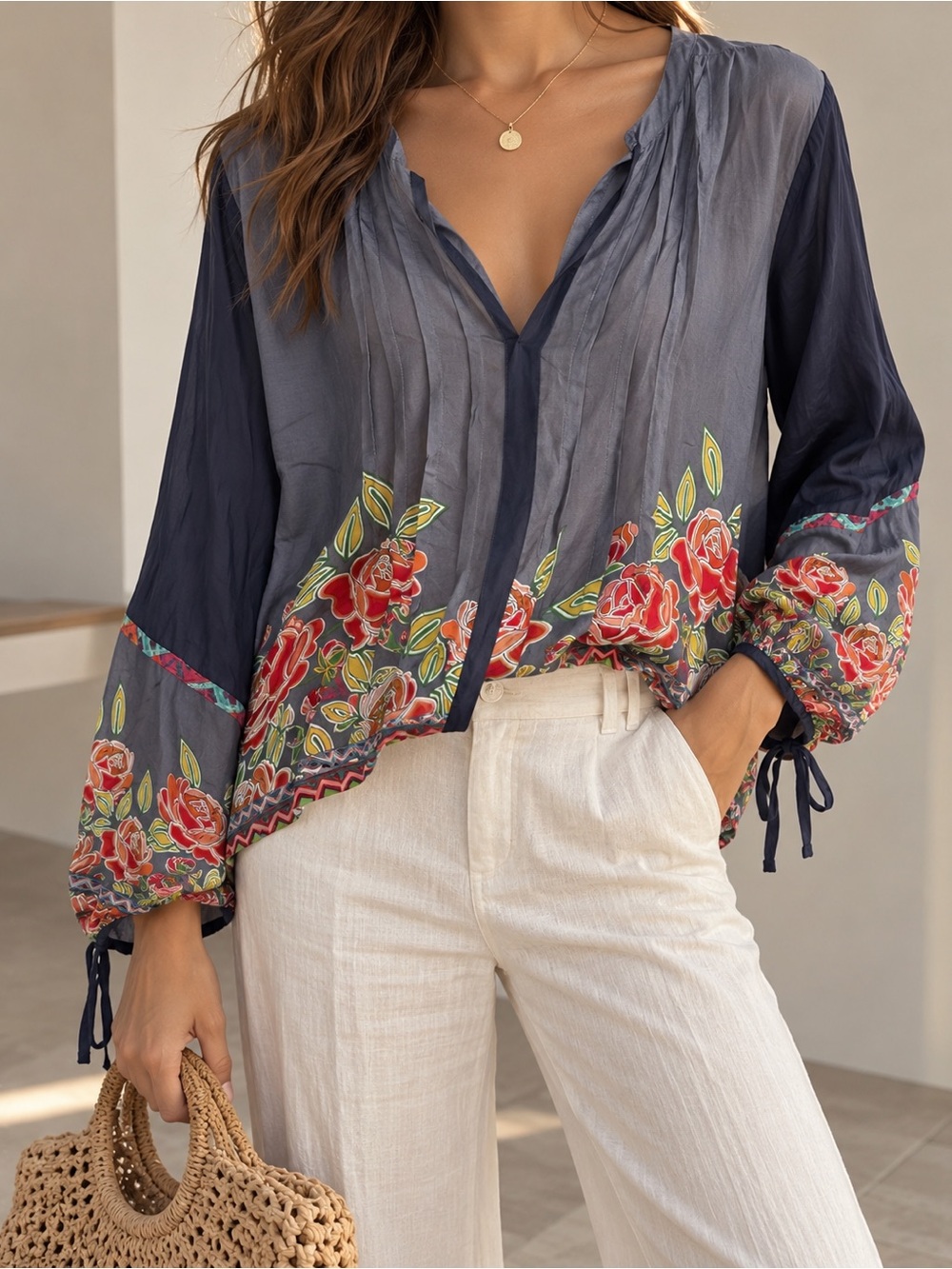 Johnny Was 100% Silk Gray Navy Floral Embroidered V-Neck Blouse